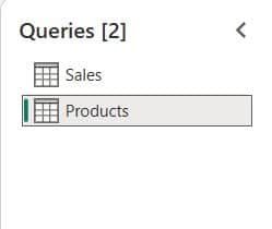 Power Query Editor Queries [2] pane listing the Sales and Products queries with Products selected