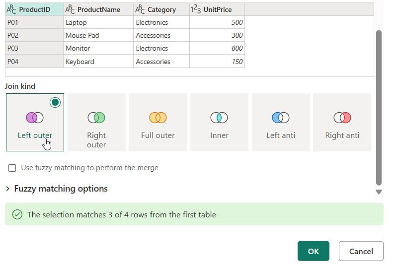 Power Query Merge dialog Join kind options with Left outer selected and fuzzy matching left unchecked
