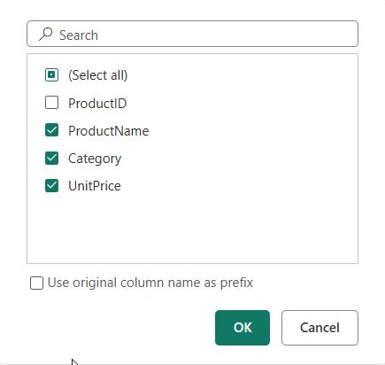 Power Query expand column list with ProductName, Category and UnitPrice checked and ProductID cleared