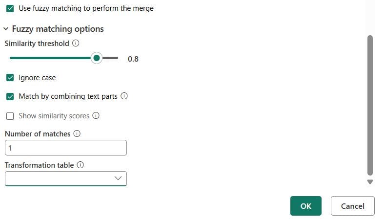 Power Query Merge vs Append Guide 1 Power Query Use fuzzy matching checked with Similarity threshold 0.8, Ignore case and Number of matches 1