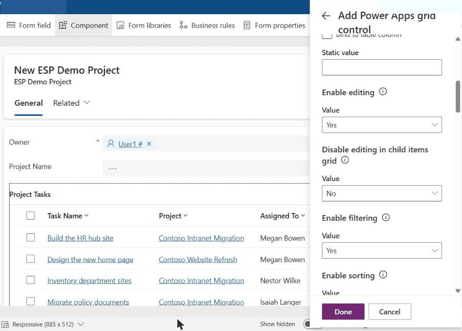 power apps add grid control enable editing yes Power Apps form designer Add Power Apps grid control panel with Enable editing set to Yes for Project Tasks