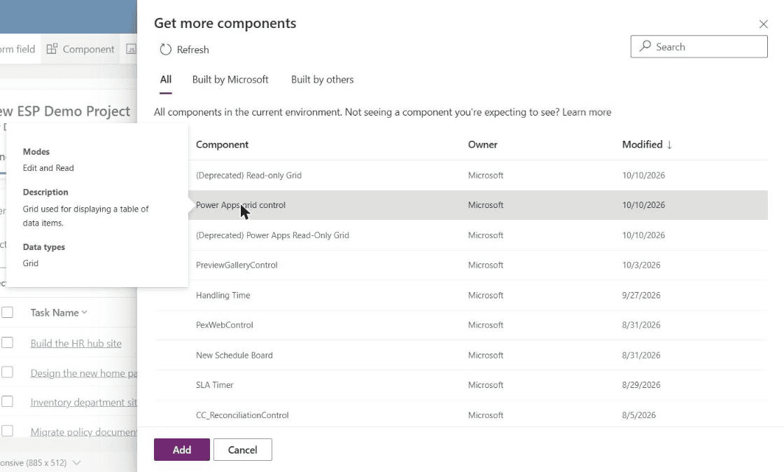 power apps get more components power apps grid control Power Apps Get more components panel with Power Apps grid control selected next to the deprecated read-only grids