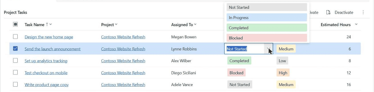 power apps grid control inline edit task status Power Apps grid control inline edit of Task Status with Not Started, In Progress, Completed and Blocked choices