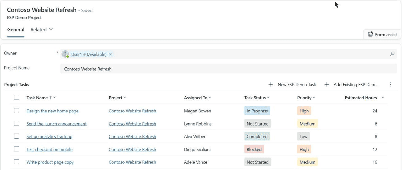 power apps grid control subgrid optionset colors Power Apps grid control on the Contoso Website Refresh form showing colored Task Status and Priority values