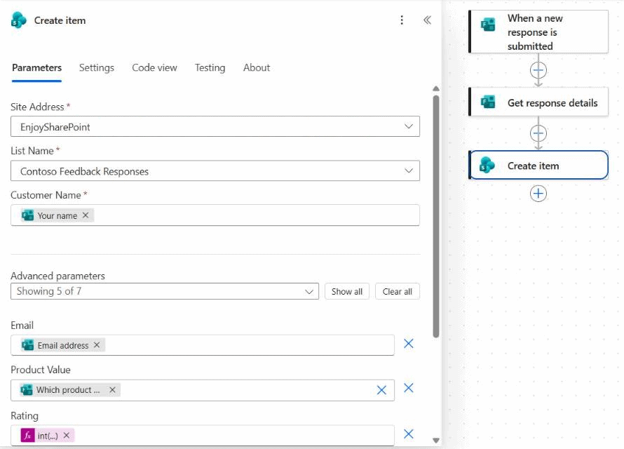 power automate forms response create item sharepoint Power Automate Create item mapping Microsoft Forms answers to the Contoso Feedback Responses list