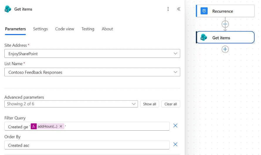 power automate get items filter created last 24 hours Power Automate Get items with Filter Query Created ge addHours expression and Order By Created asc