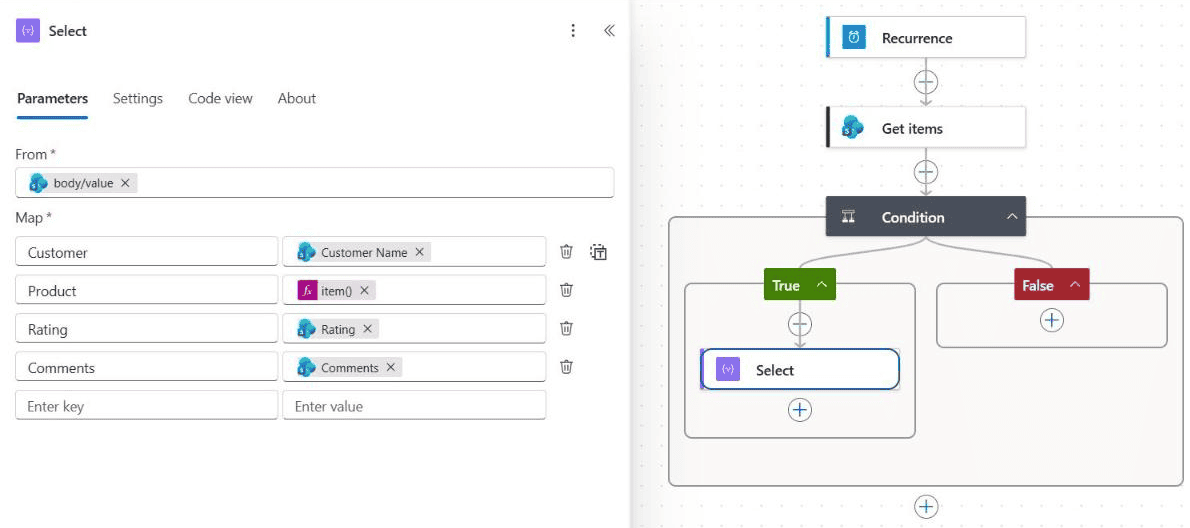 power automate select map feedback columns Power Automate Select action mapping Customer, Product, Rating and Comments inside the Condition True branch