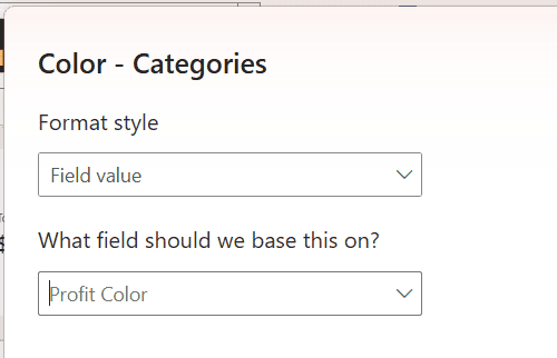 power bi conditional formatting field value profit color Power BI conditional formatting dialog using Field value format style with the Profit Color measure