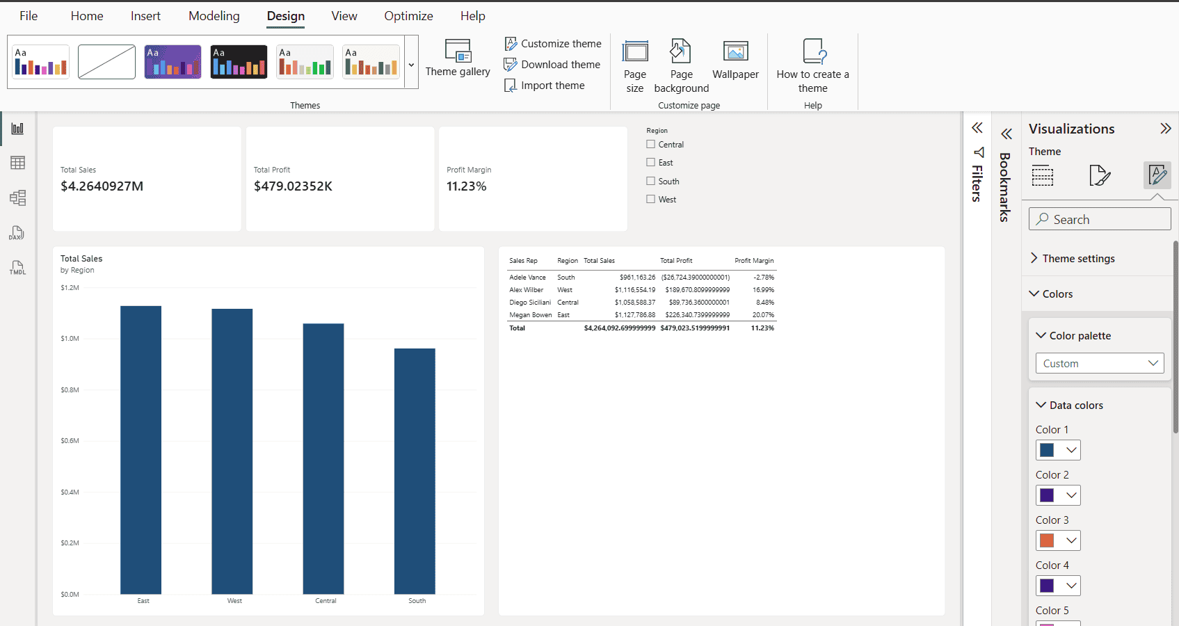 power bi customize theme data colors Power BI Theme pane with the Color palette set to Custom and Data color 1 changed to navy