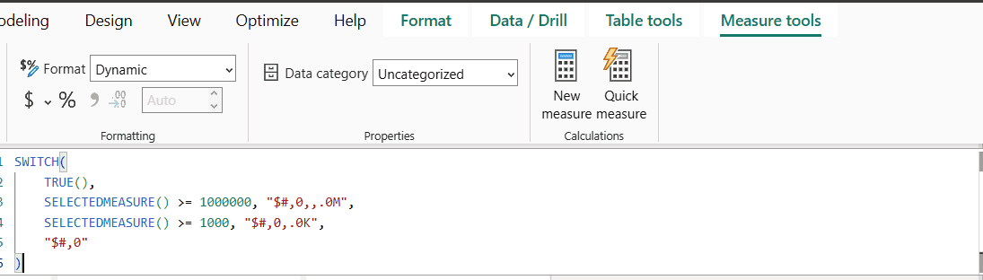 power bi dynamic format string switch Power BI dynamic format string using SWITCH and SELECTEDMEASURE to show K and M suffixes