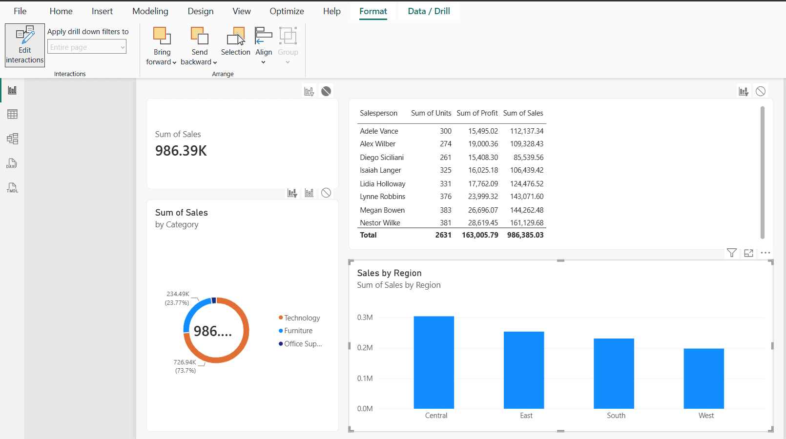 power bi edit interactions none on card Power BI Edit interactions with None selected on the Sum of Sales card and Filter on the donut chart
