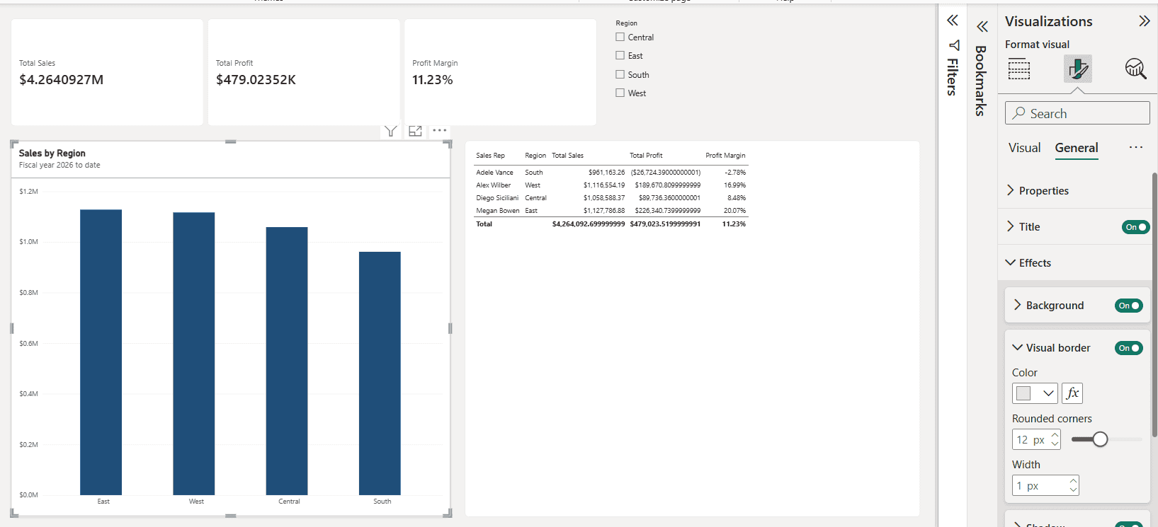 power bi effects visual border rounded corners shadow Power BI Effects settings with visual border, 12 px rounded corners and shadow turned on