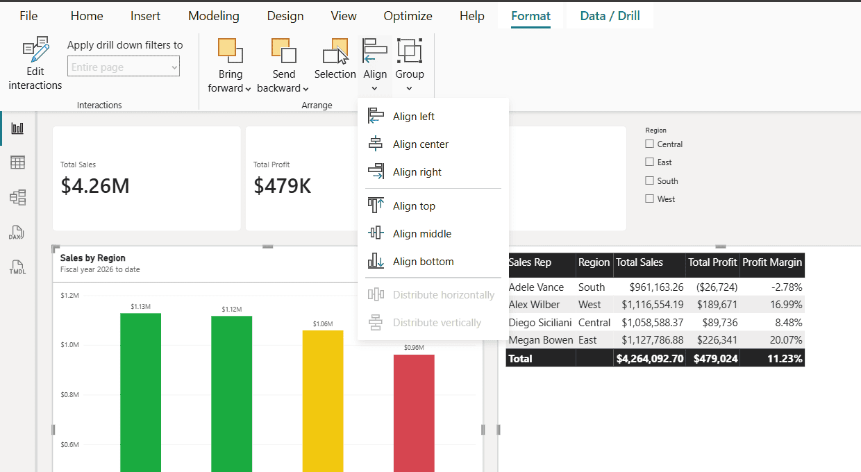 power bi format align menu Power BI Format ribbon Align menu with align left, center, right, top, middle and bottom options