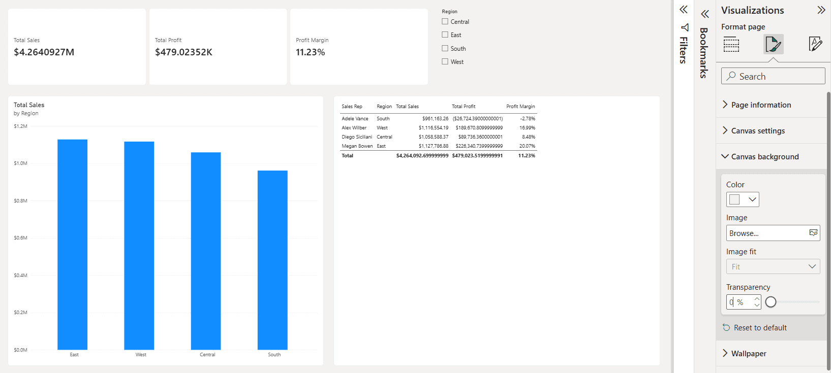 power bi format page canvas background Power BI Format page pane with Canvas background set to light gray and transparency at 0 percent