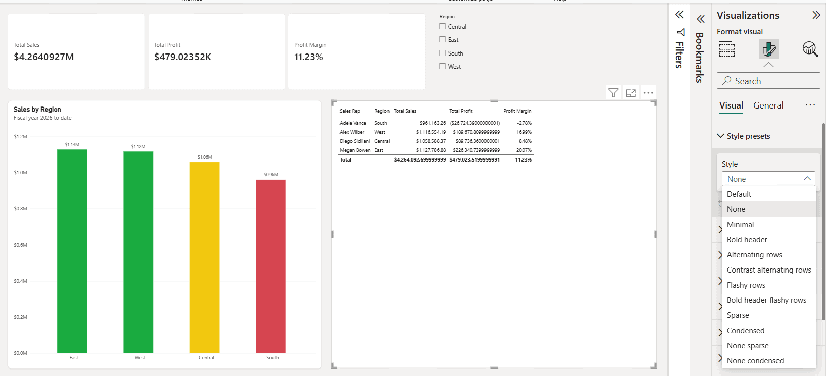 power bi table style presets Power BI table visual Style presets list with options like Minimal, Bold header and Alternating rows
