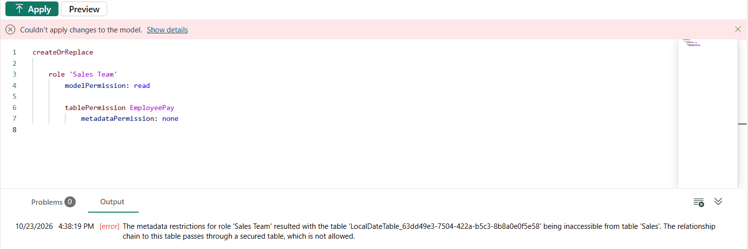 Power BI TMDL view error: the Sales Team role breaks a relationship chain that passes through a secured table