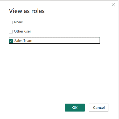 Power BI Desktop View as roles dialog with the Sales Team role checked