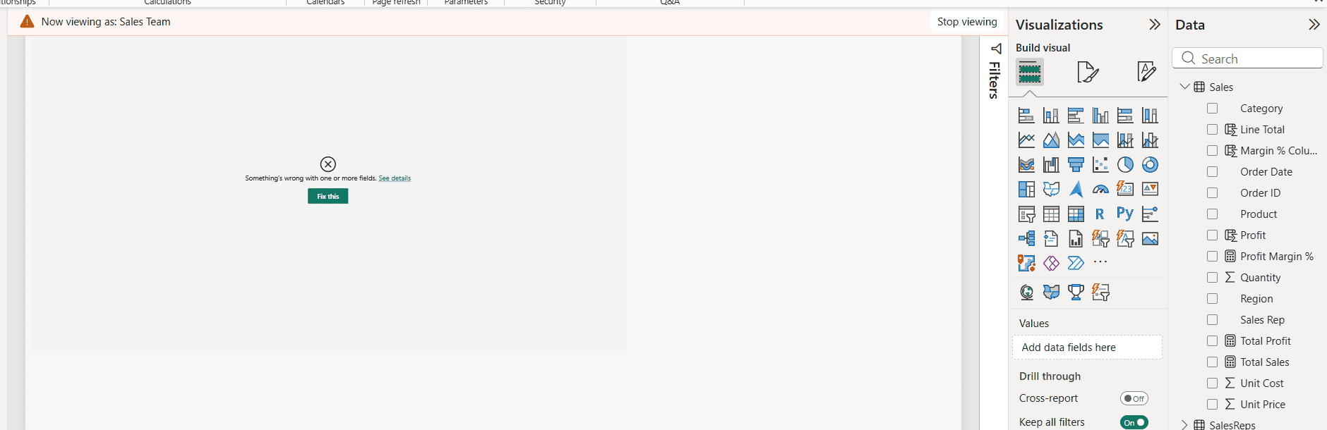Power BI Now viewing as Sales Team: EmployeePay is gone from the Data pane and the salary visual shows an error