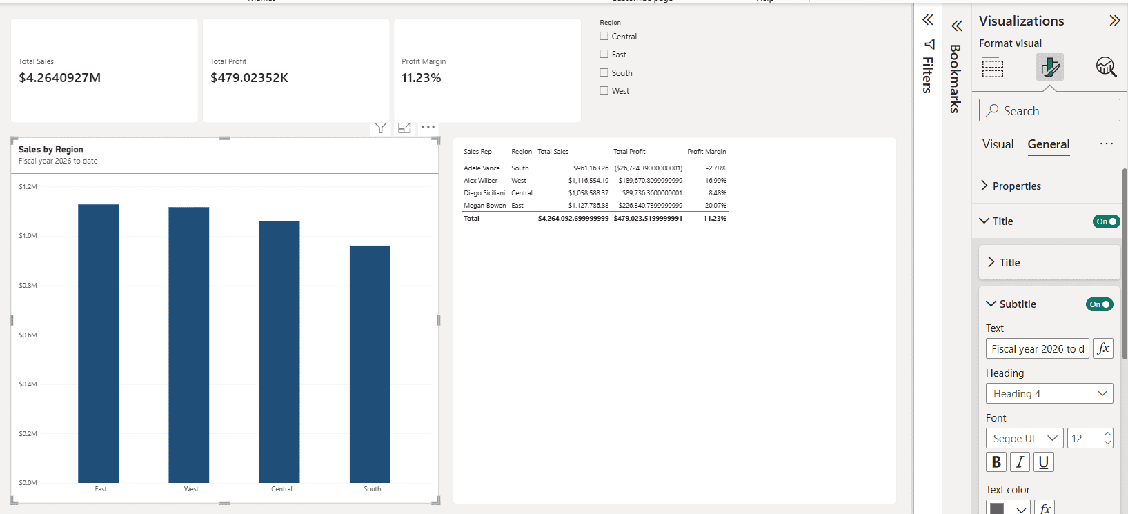 power bi visual title subtitle divider Power BI General tab Title settings with a custom title, subtitle and divider on a column chart